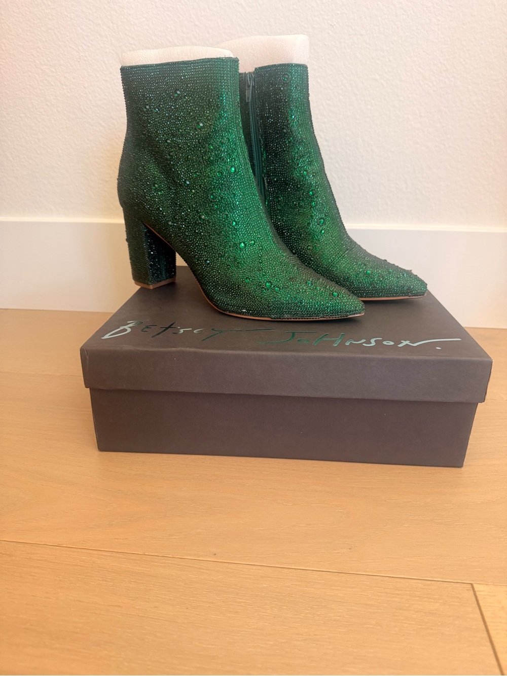 Betsey Johnson Green Crystal Embellished Ankle Boots